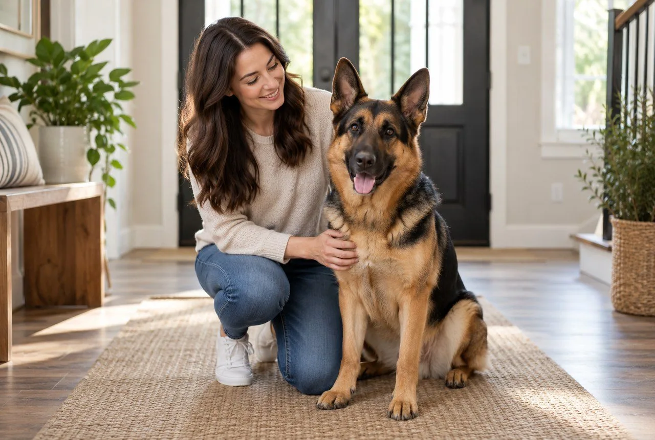 German-shepherd-type dog sitting beside its owner at home